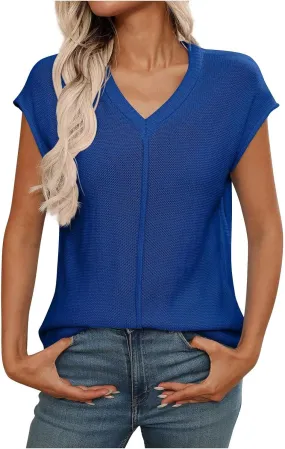 Women's Solid Color V-Neck Knit Tank Tops, Summer Loose Breathable Sleeveless Casual Shirts Lightweight Comfy Clothes