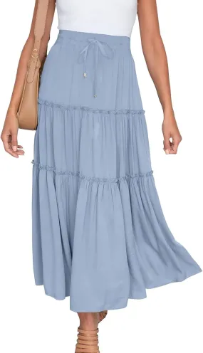 Women's Summer Skirt 2024 Boho Elastic High Waist Drawstring A Line Ruched Ruffle Swing Tiered Beach Casual Long Skirt