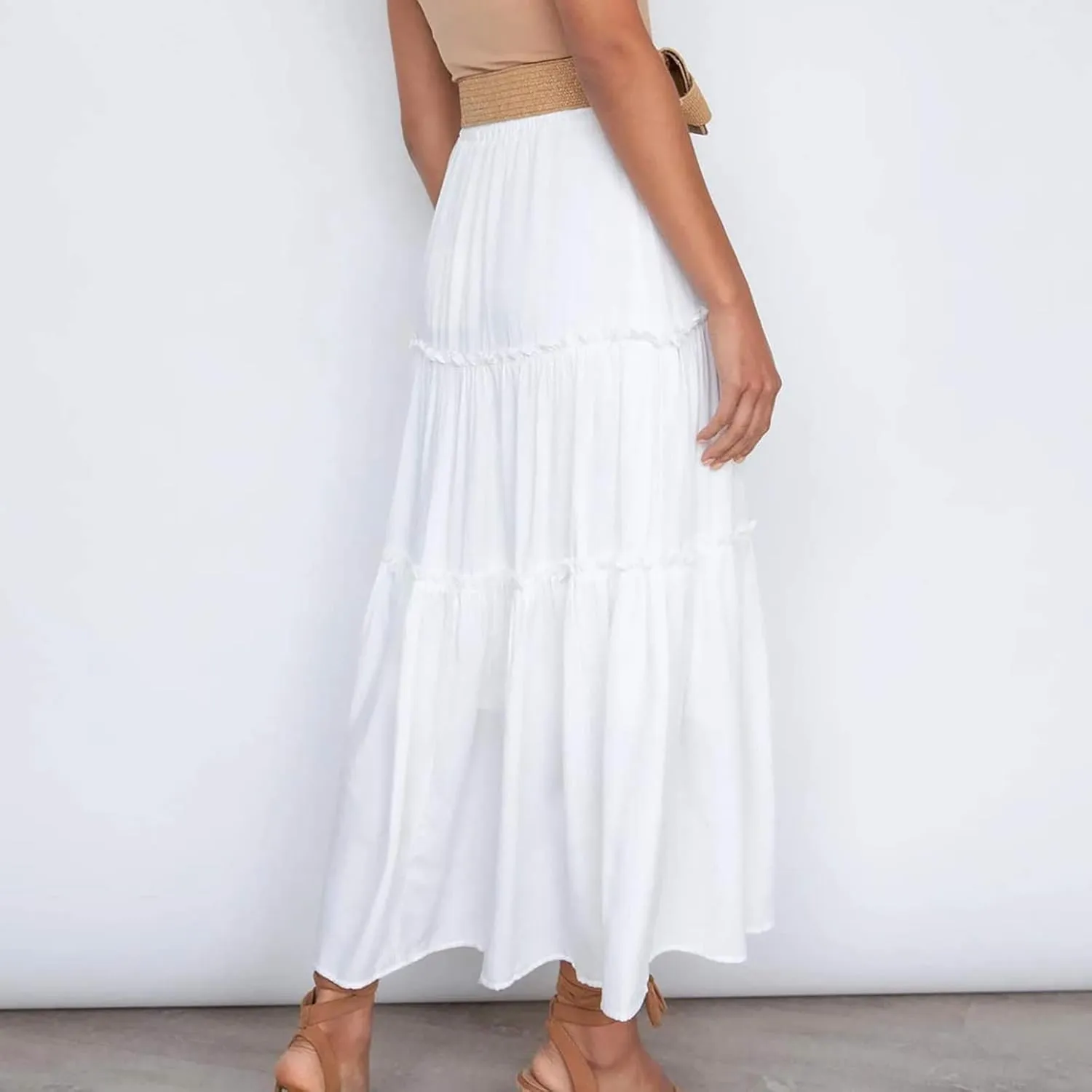 Women's Summer Skirt 2024 Boho Elastic High Waist Drawstring A Line Ruched Ruffle Swing Tiered Beach Casual Long Skirt