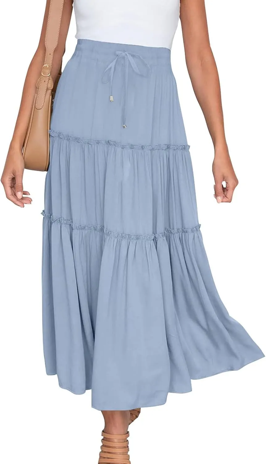 Women's Summer Skirt 2024 Boho Elastic High Waist Drawstring A Line Ruched Ruffle Swing Tiered Beach Casual Long Skirt