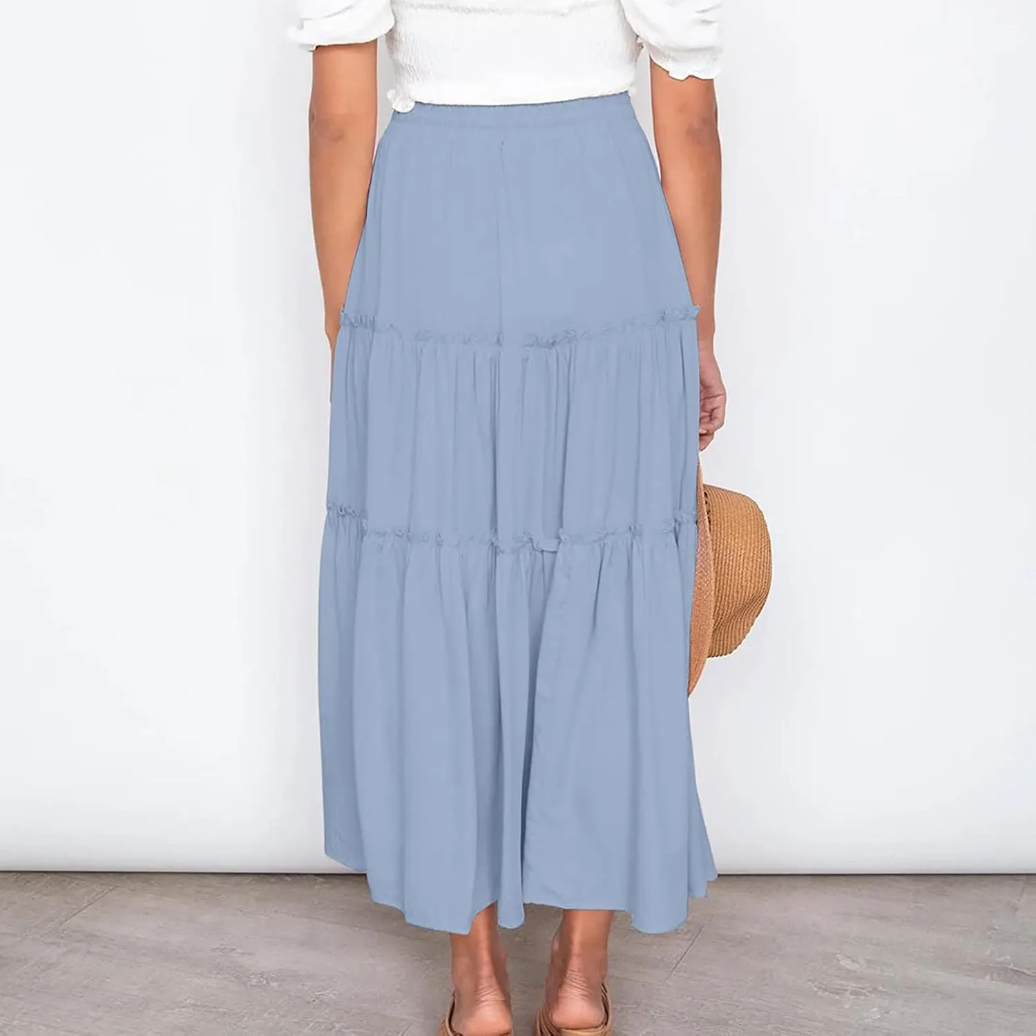Women's Summer Skirt 2024 Boho Elastic High Waist Drawstring A Line Ruched Ruffle Swing Tiered Beach Casual Long Skirt