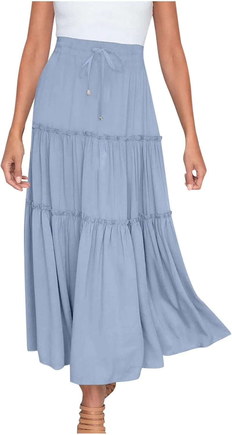 Women's Summer Skirt 2024 Boho Elastic High Waist Drawstring A Line Ruched Ruffle Swing Tiered Beach Casual Long Skirt