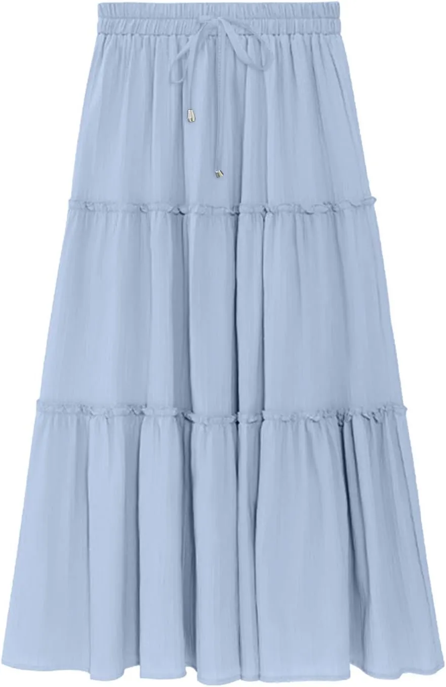 Women's Summer Skirt 2024 Boho Elastic High Waist Drawstring A Line Ruched Ruffle Swing Tiered Beach Casual Long Skirt