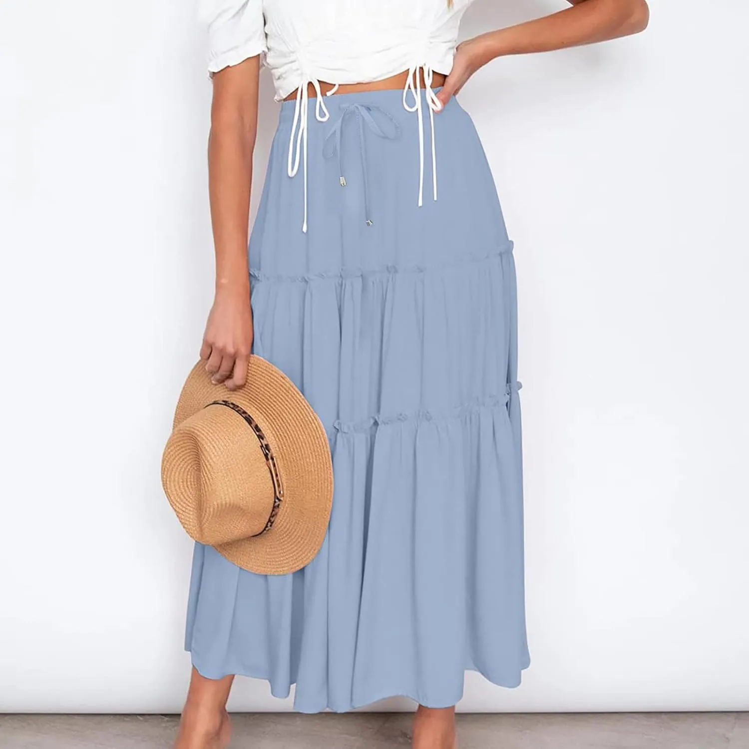 Women's Summer Skirt 2024 Boho Elastic High Waist Drawstring A Line Ruched Ruffle Swing Tiered Beach Casual Long Skirt