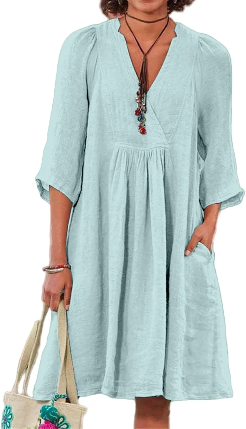 Womens Summer Spring Dresses Casual Cotton Linen V-Neck 3/4 Sleeve Ruffled Flowy Swing Mini Dress Vacation Outfit