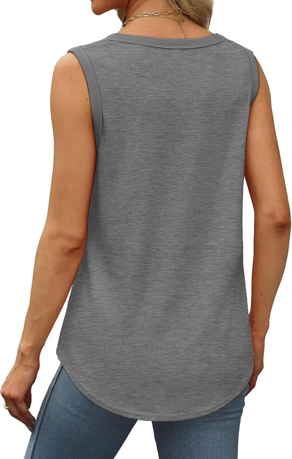 Womens Summer Tank Top Loose Fit Sleeveless Shirts Scoop Neck Ribbed Trim Tunic Blouse with Curved Hem
