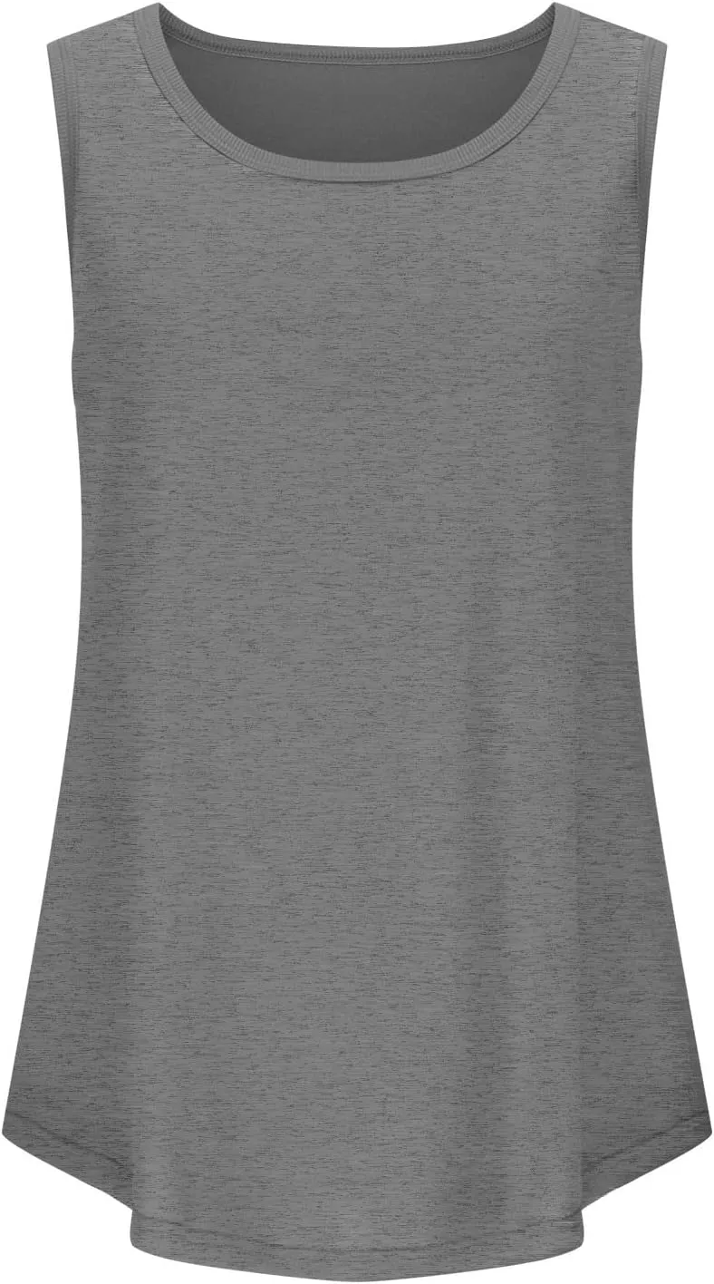 Womens Summer Tank Top Loose Fit Sleeveless Shirts Scoop Neck Ribbed Trim Tunic Blouse with Curved Hem