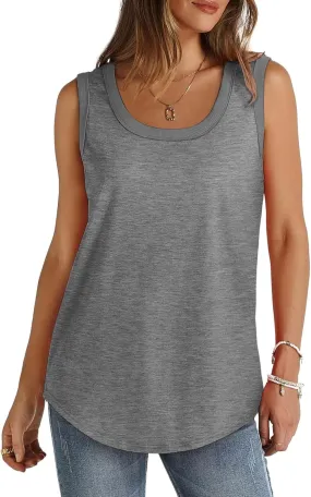 Womens Summer Tank Top Loose Fit Sleeveless Shirts Scoop Neck Ribbed Trim Tunic Blouse with Curved Hem