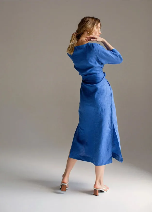 Wrap Linen Dress, Belted Blue Dress For Women Maxi